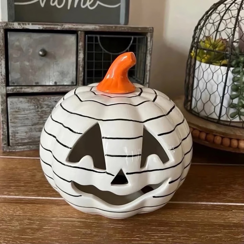 New Boho Farmhouse Striped Ceramic Jack O Lantern Decor